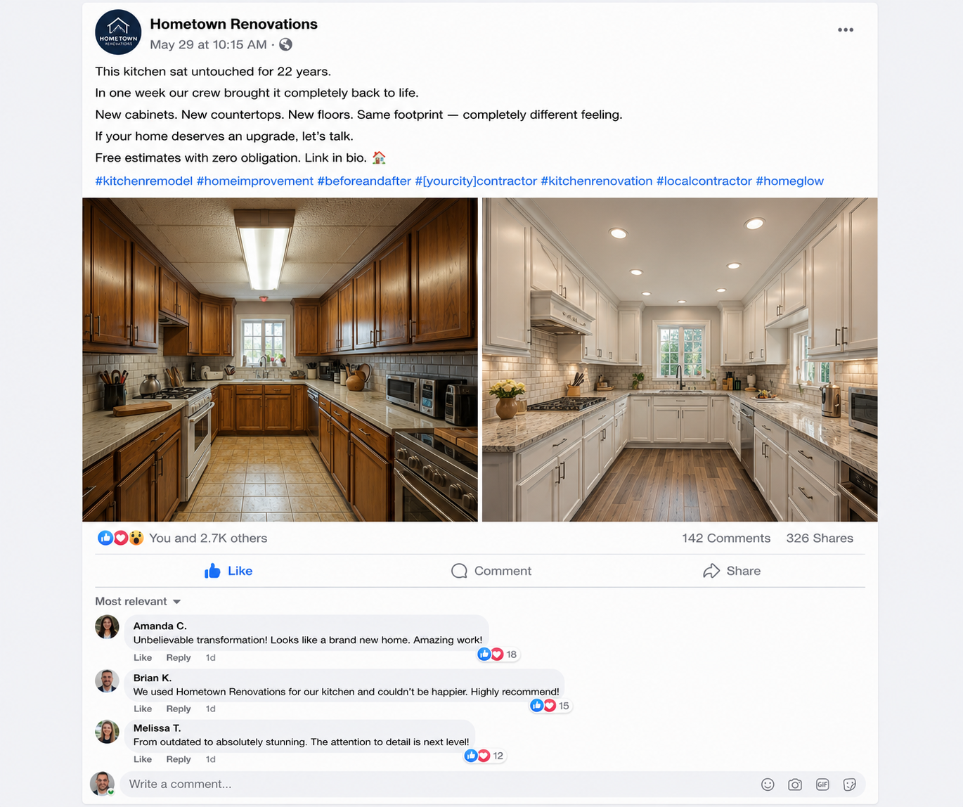 Kitchen renovation Facebook post